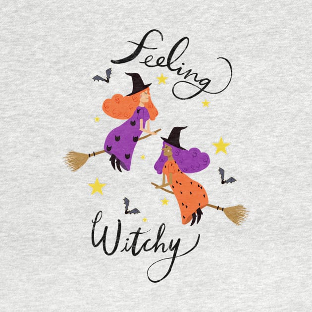 "Feeling Witchy" - Hand lettered // Orange & Purple haired witches (Halloween design) by Maddyslittlesketchbook